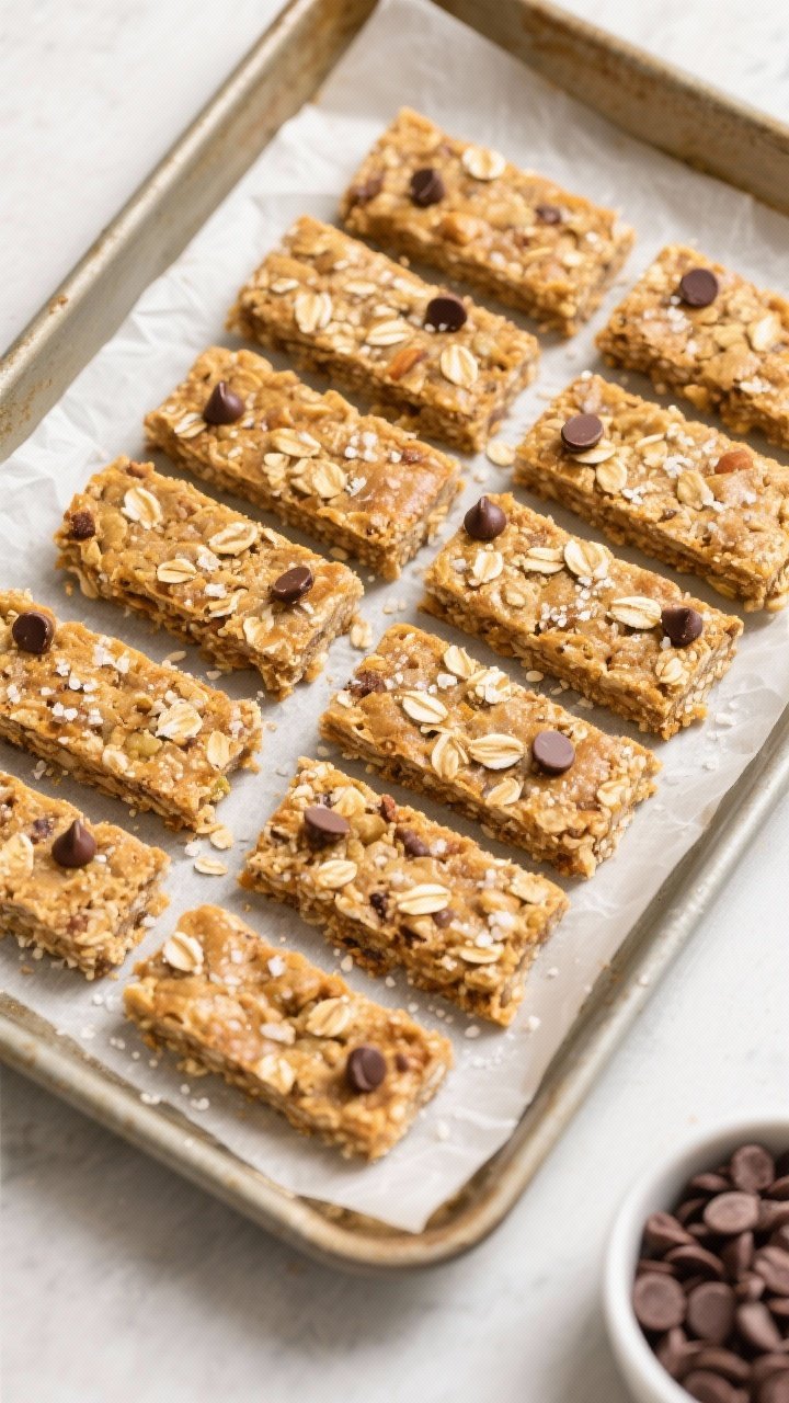 Tasty top view: Overhead shot of the finished baked energy bars lifted from the pan and sliced into 