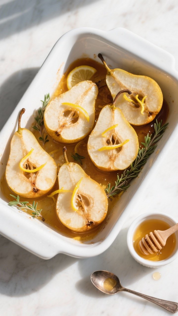Tasty top view: Overhead shot of the finished honey-lemon baked pears arranged snugly in a white roa
