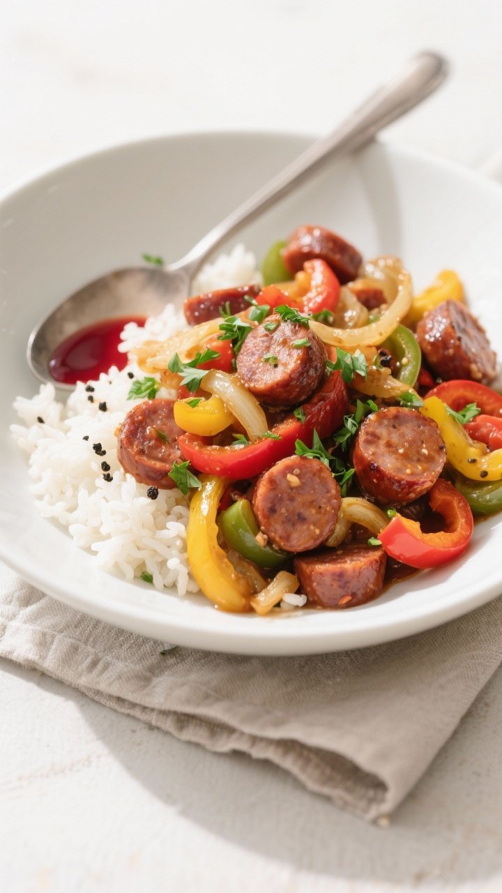 Tasty top view: Overhead shot of the finished Sausage and Pepper Skillet spooned over fluffy white r