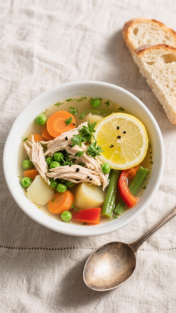 Tasty top view: Overhead shot of the finished slow cooker chicken and vegetable soup ladled into a w