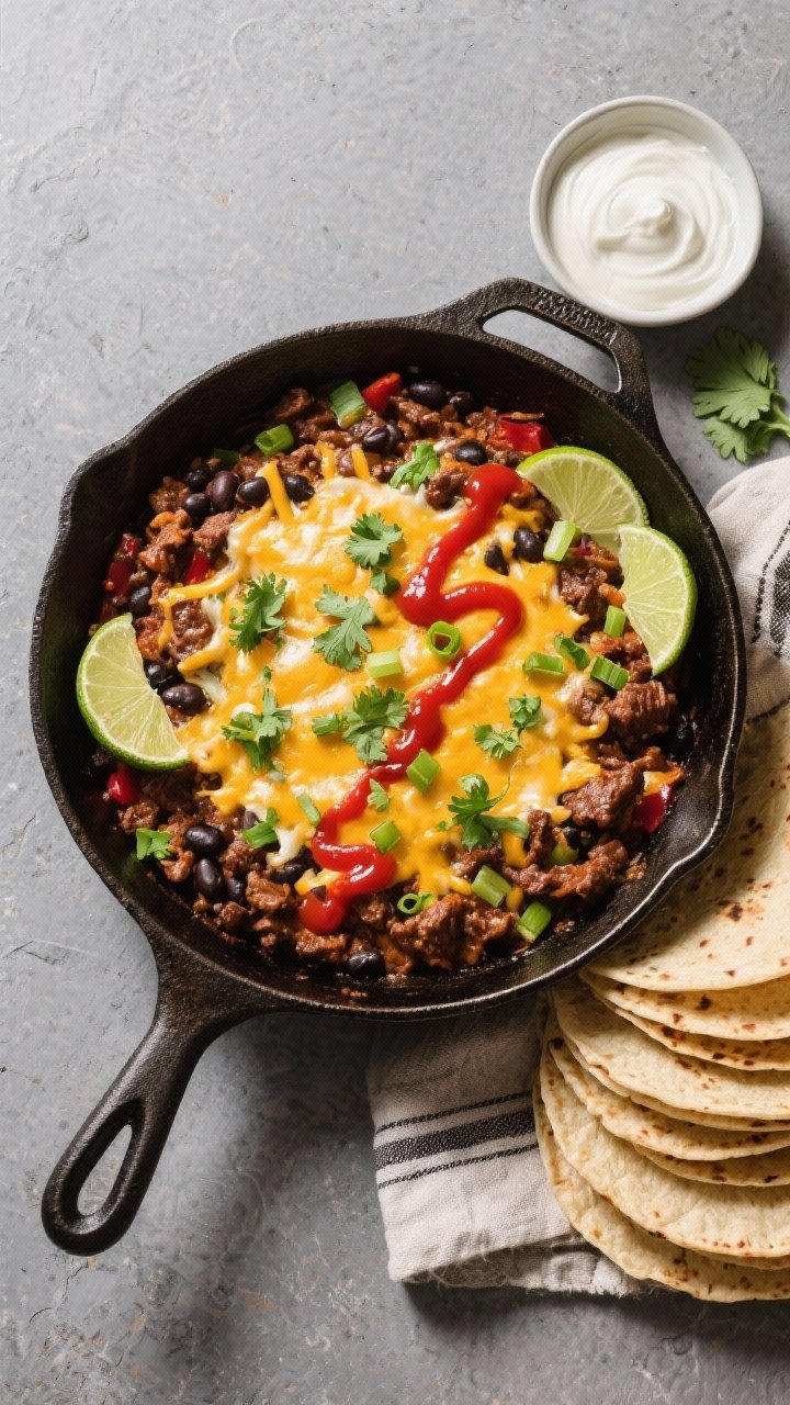 Tasty top view: Overhead shot of the finished Spicy Beef and Black Bean Skillet served family-style 