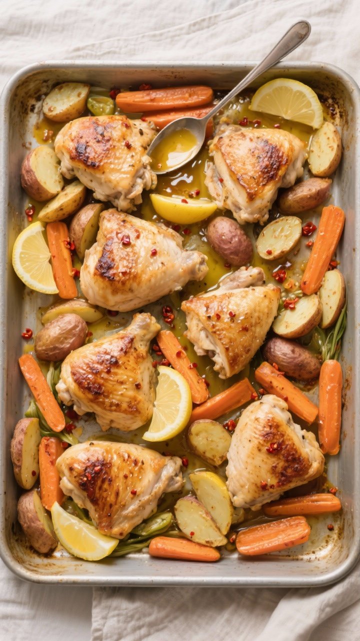 Tasty top view: Overhead shot of the full one-pan chicken and veggies at the “flip and rotate” s