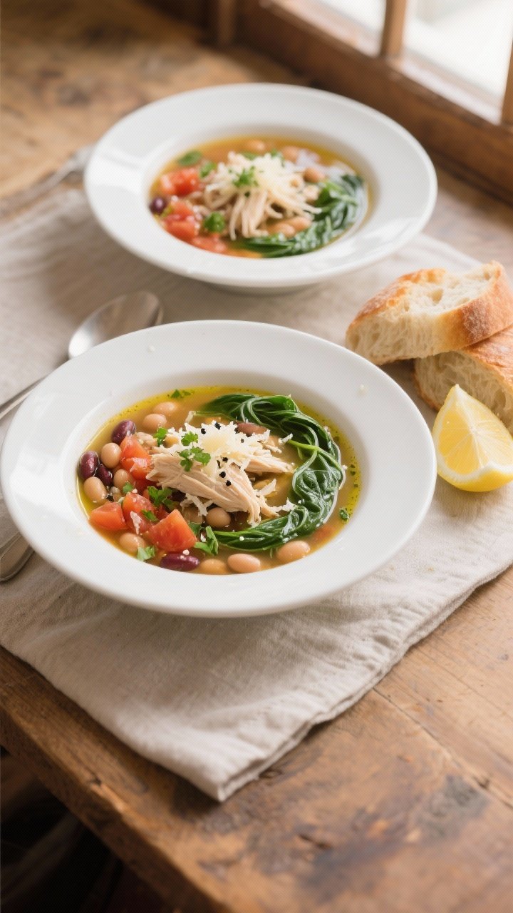 Tasty top view: Overhead shot of Tuscan Chicken Soup ladled into wide, shallow white bowls, showing 