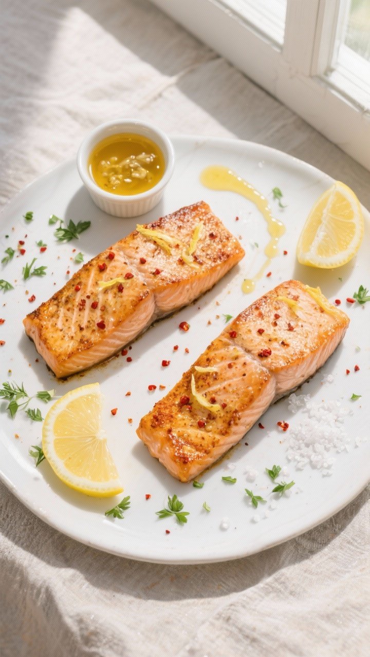 Tasty top view: Overhead shot of two salmon fillets cooked to medium (125–130°F), showing a unifo