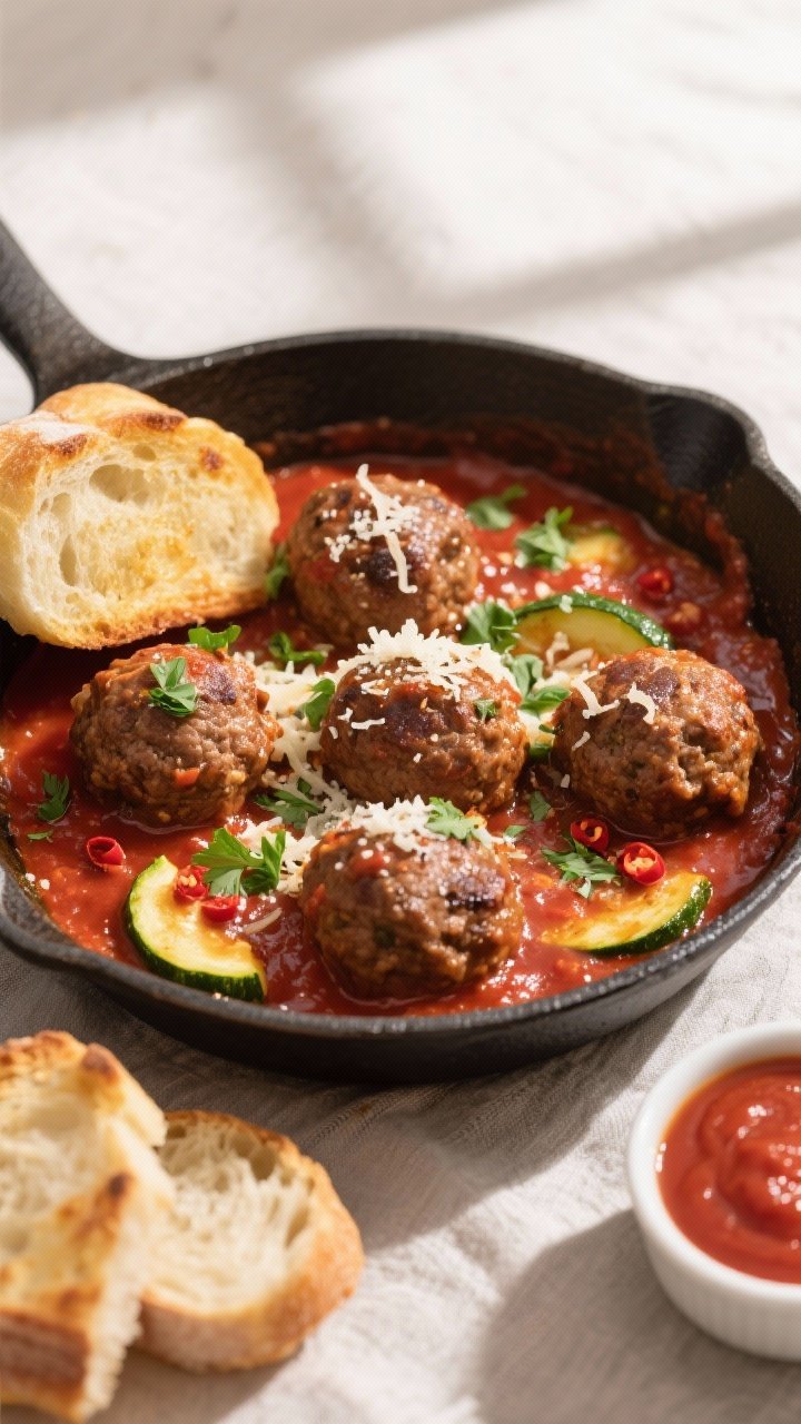 Tasty top view: Overhead shot of zucchini beef meatballs simmered in glossy marinara in a wide, shal