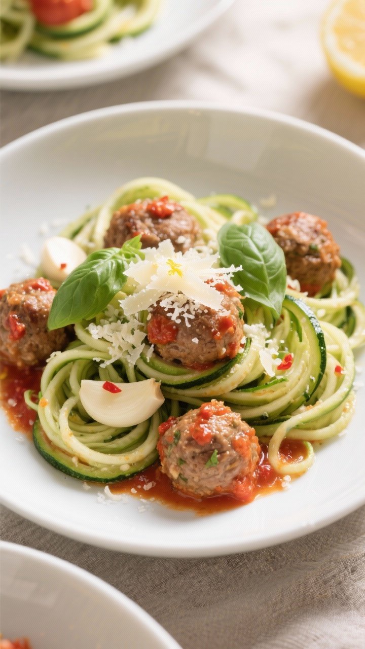 Tasty top view: Overhead shot of zucchini noodles twirled into neat nests in shallow white bowls, to