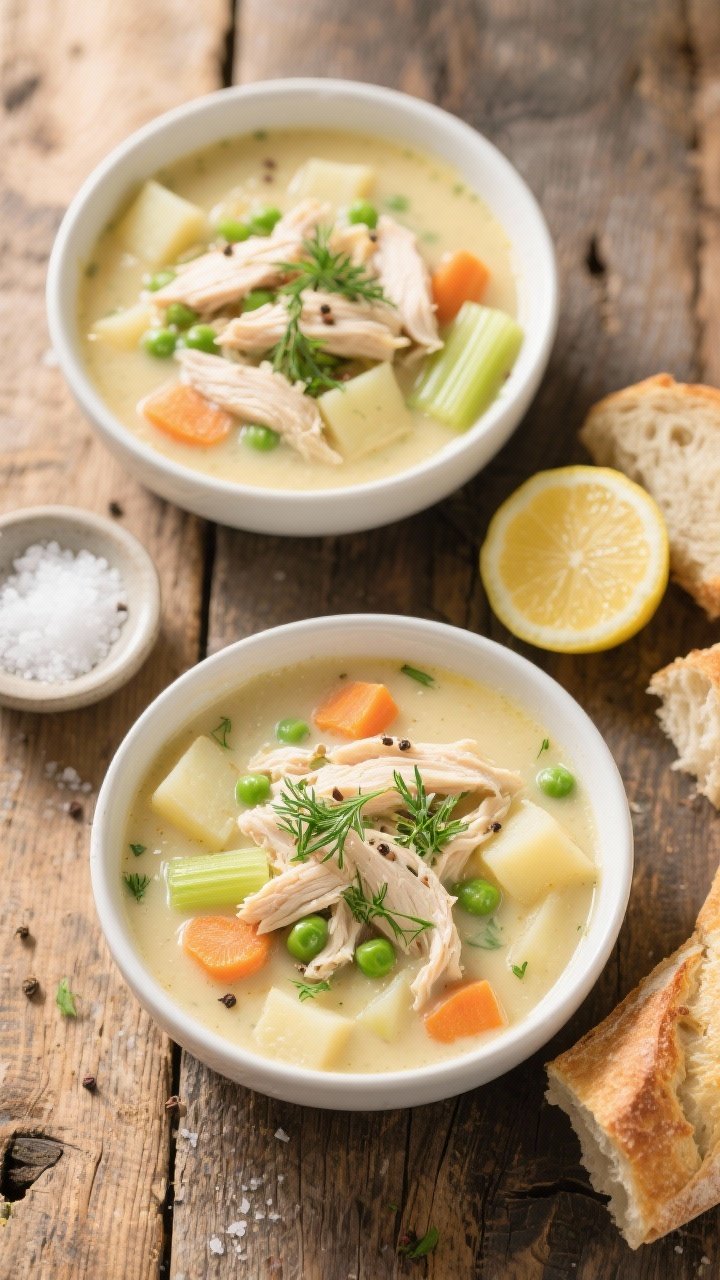 Tasty top view, overhead shot: Overhead composition of two bowls of Instant Pot creamy chicken soup 