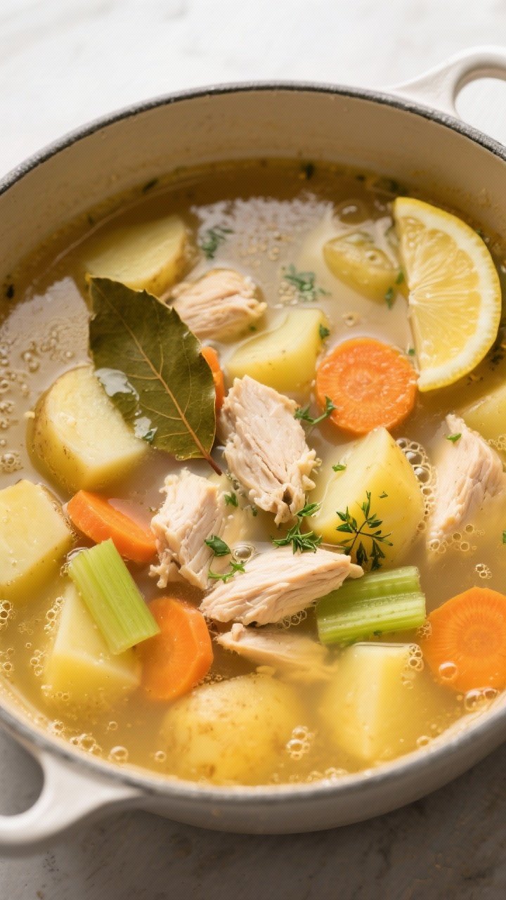 Tasty top view — simmer to cozy: Overhead shot of Rustic Chicken and Potato Soup at a gentle simme