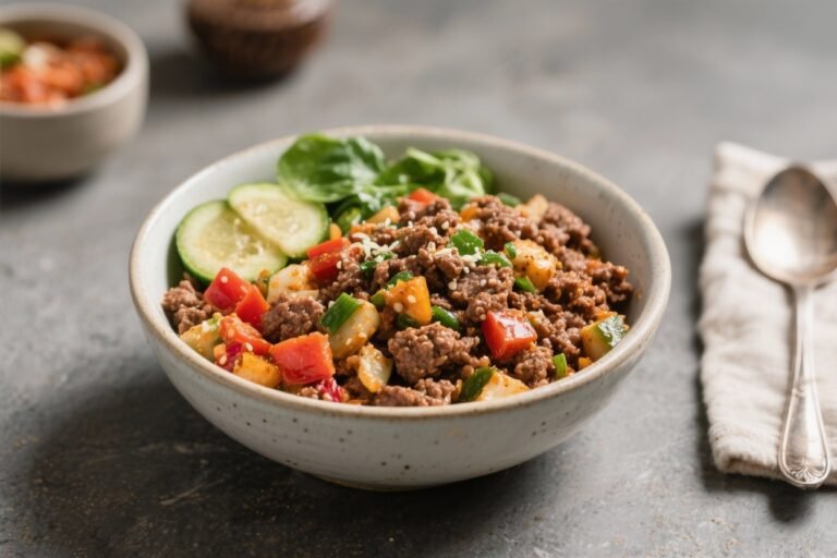 Mediterranean Ground Beef Bowl (Low Carb) – Fresh, Flavorful, and Satisfying