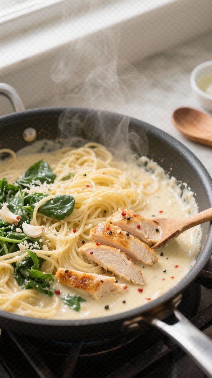 Close-up cooking process: A large skillet on the stove with silky light Alfredo sauce just thickenin