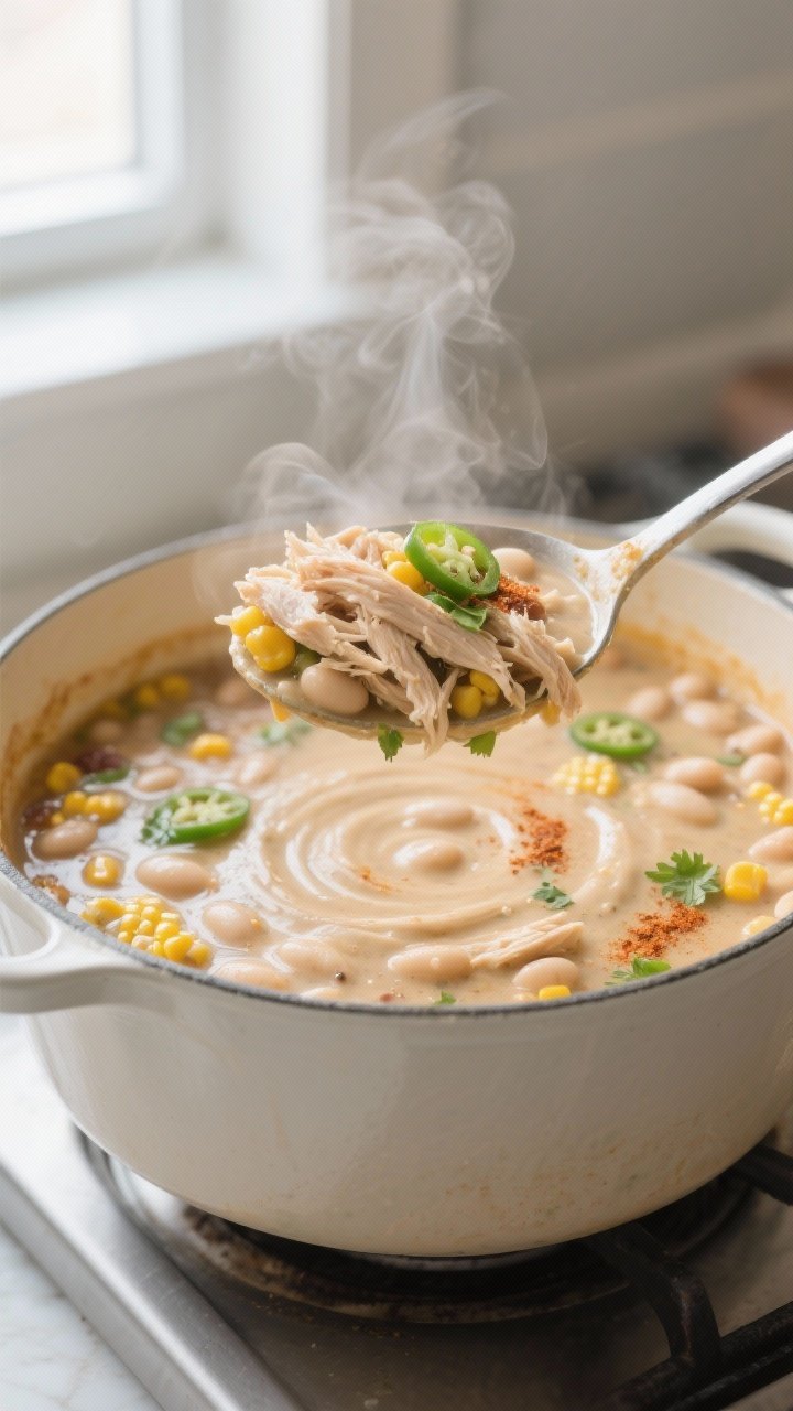 Close-up cooking process: A steaming pot of Healthy Chicken & White Bean Chili at a gentle simmer, s