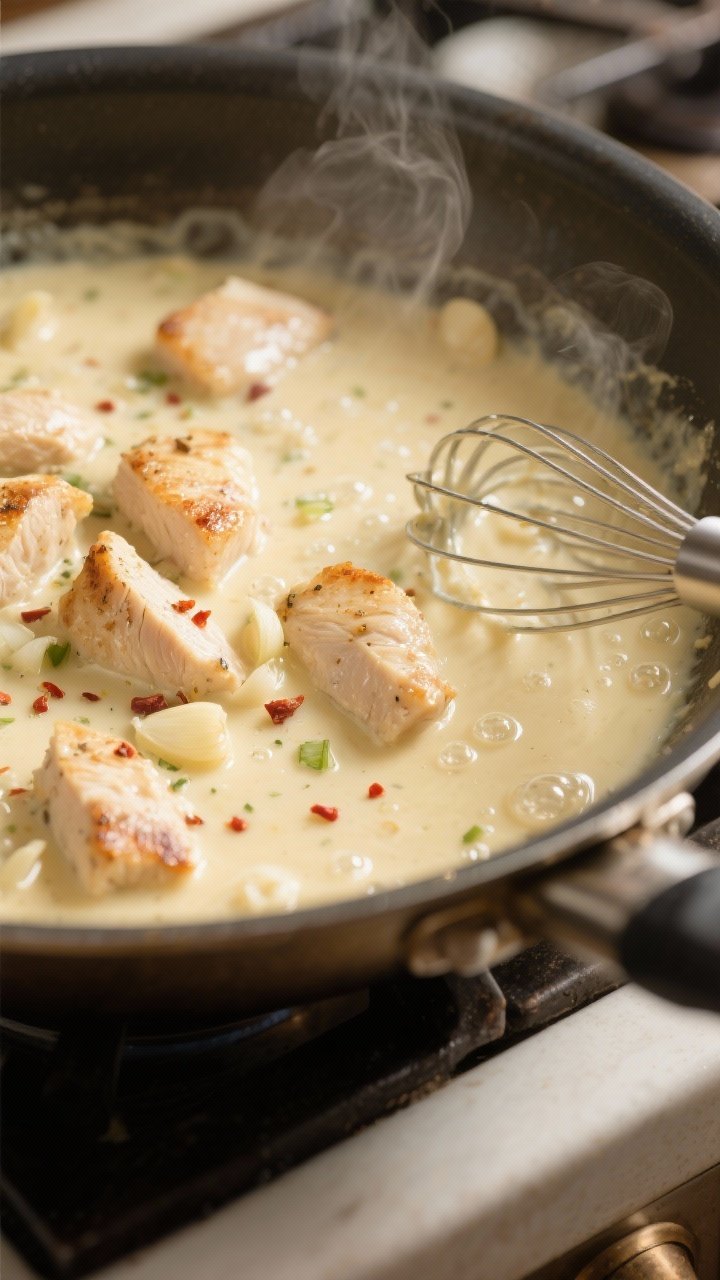 Close-up cooking process: Bite-size seared chicken pieces simmering in a silky, light Alfredo sauce 