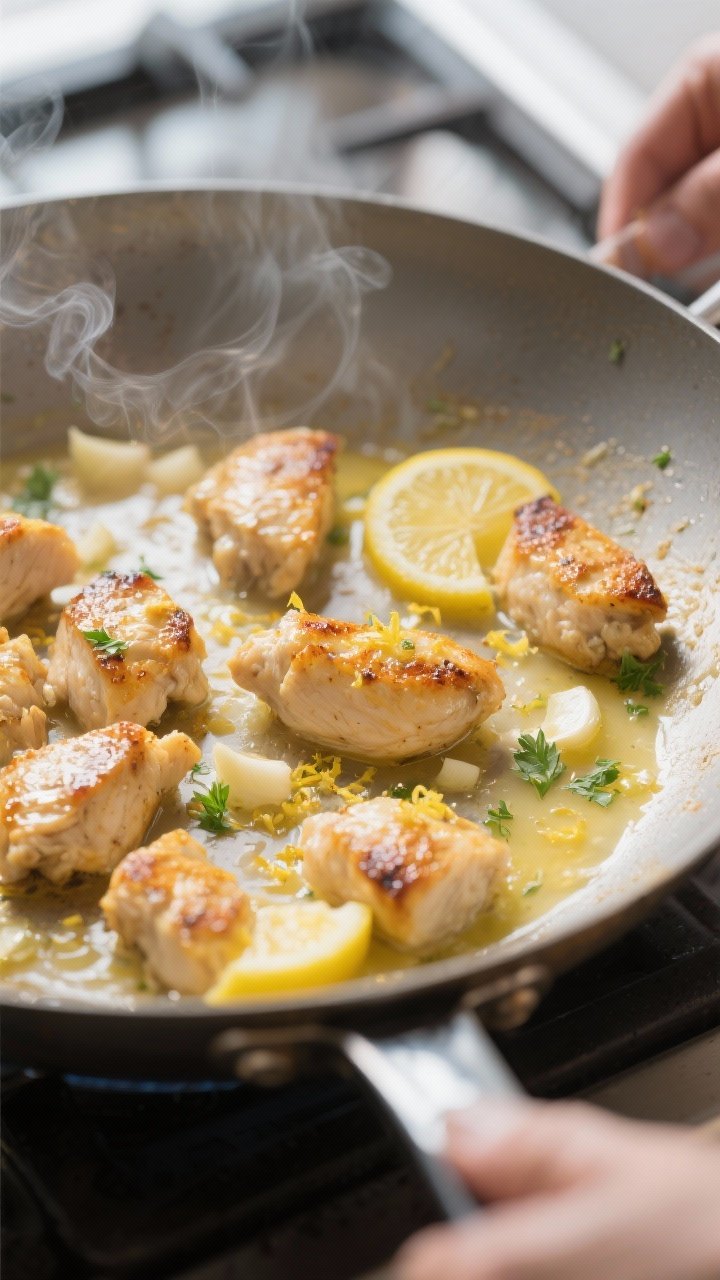 Close-up cooking process: Bite-sized chicken pieces searing in a large stainless skillet, golden-bro