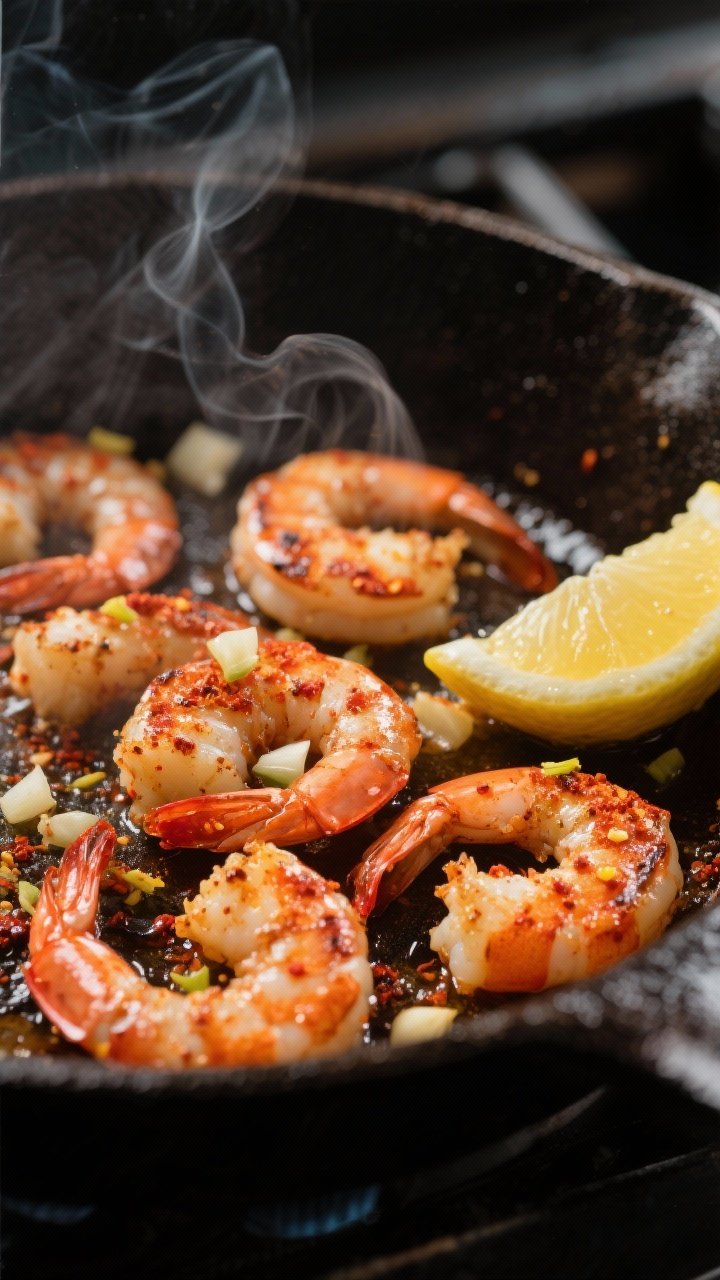 Close-up cooking process: Cajun-spiced shrimp searing in a hot cast-iron skillet, shrimp curled into