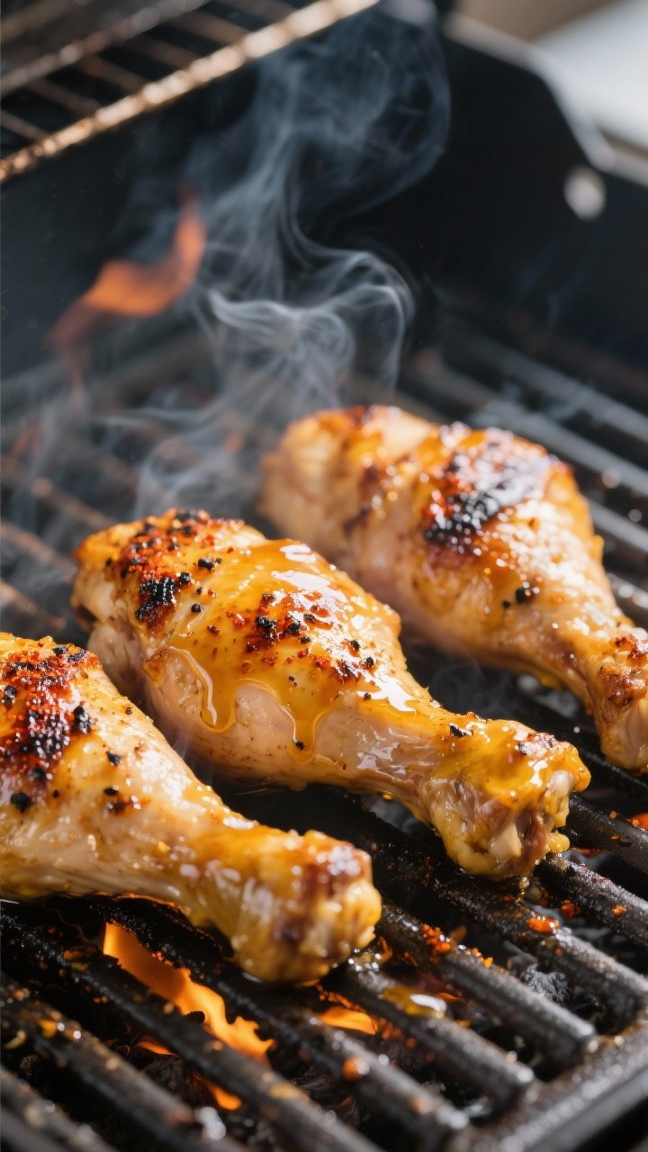 Close-up cooking process: Honey mustard grilled chicken thighs sizzling on clean, oiled grill grates