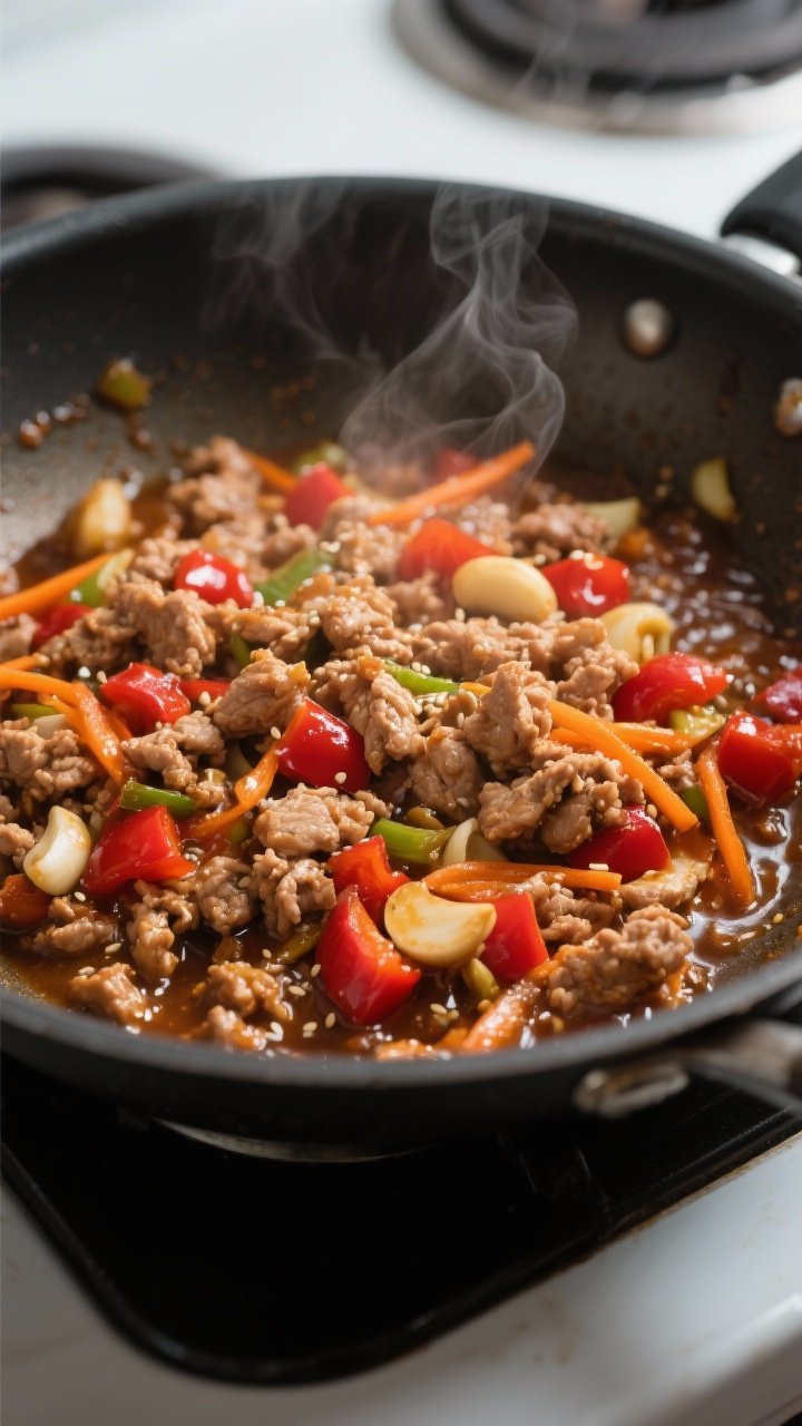 Close-up cooking process: Savory ground turkey in a large skillet just after saucing, glossy and sli