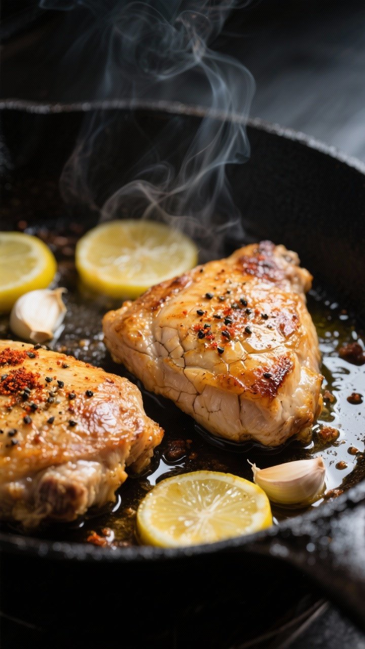 Close-up cooking process: Searing lemon pepper chicken thighs skin-side down in a black cast-iron sk