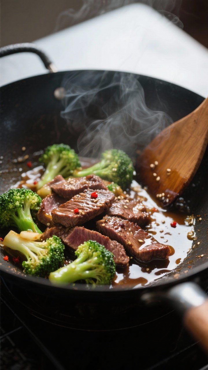 Close-up cooking process: Searing thin slices of flank steak and crisp-tender broccoli in a hot wok,