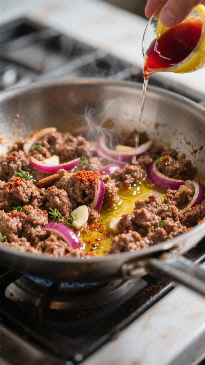 Close-up cooking process: Seasoned Greek ground beef sizzling in a wide stainless skillet over mediu