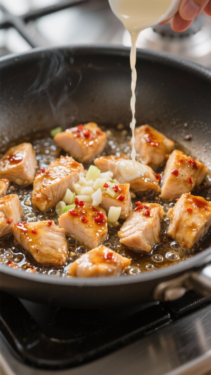 Close-up cooking process shot: Bite-size chicken breast pieces searing in a large nonstick skillet,