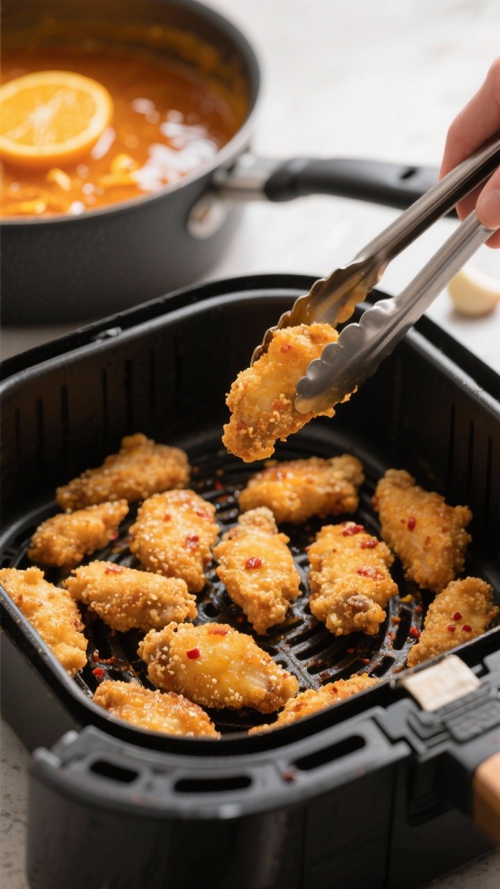 Close-up cooking process shot: golden, air-fried orange chicken bites just out of the air fryer bask
