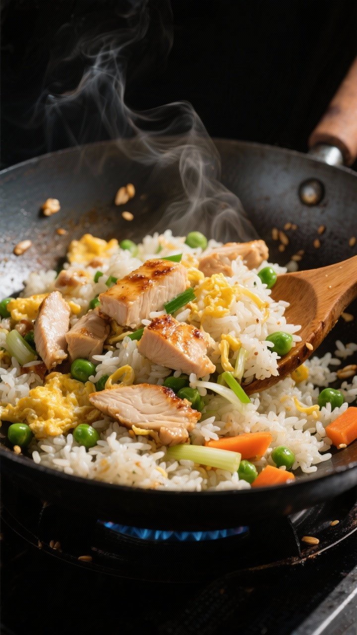 Close-up cooking process shot: Healthy chicken fried rice mid-stir in a blazing-hot wok, showing lig