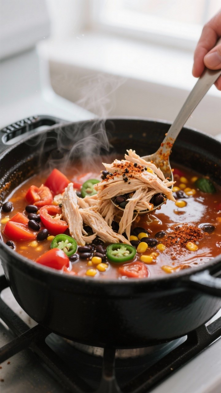 Close-up cooking process: Shredded chicken being returned to a simmering one-pot tortilla soup in a