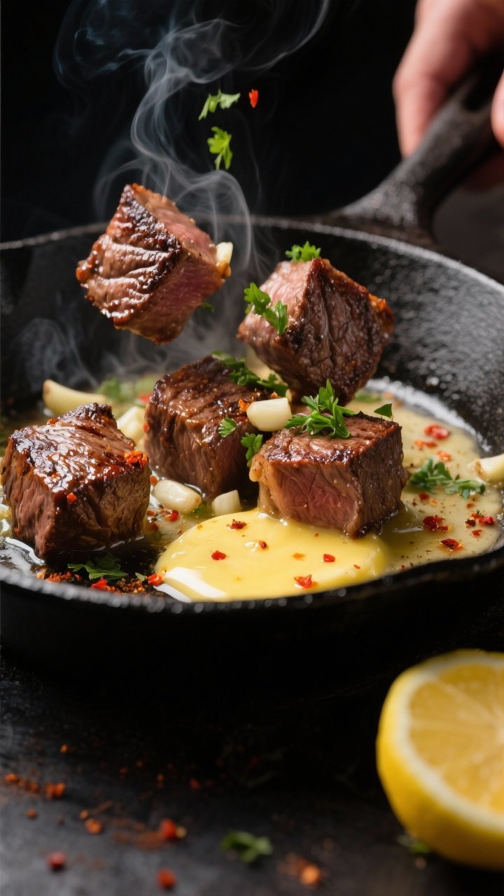 Close-up cooking process: Sizzling garlic herb steak bites in a black cast-iron skillet, mid-toss in
