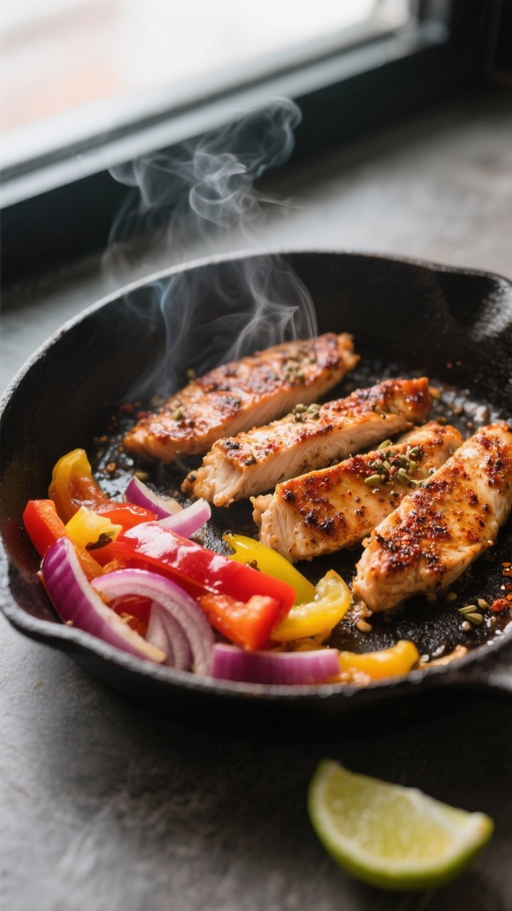 Close-up cooking process: Taco-seasoned chicken strips sizzling in a cast-iron skillet, deeply brown