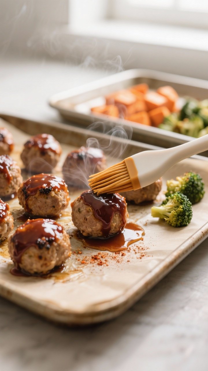 Close-up detail and cooking process: BBQ-glazed turkey meatballs just out of the oven on a parchment
