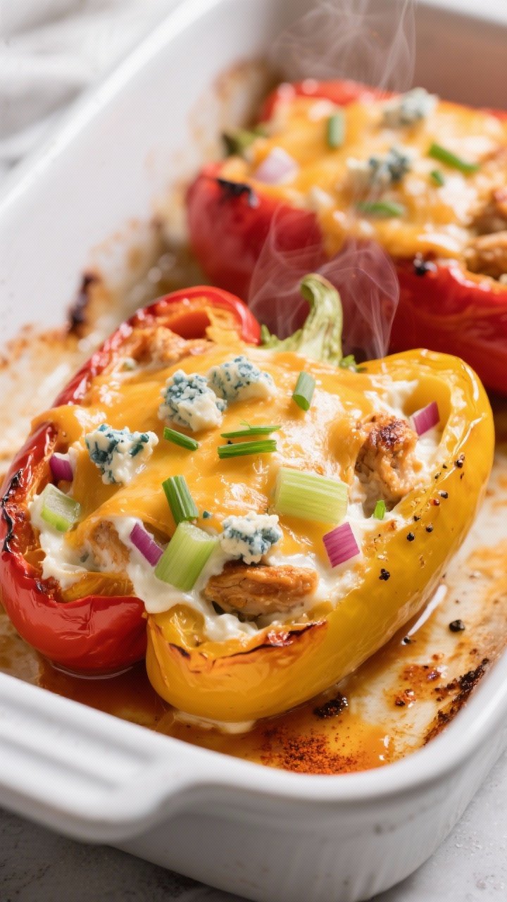 Close-up detail and cooking process: Buffalo chicken stuffed peppers just out of the oven, filling v