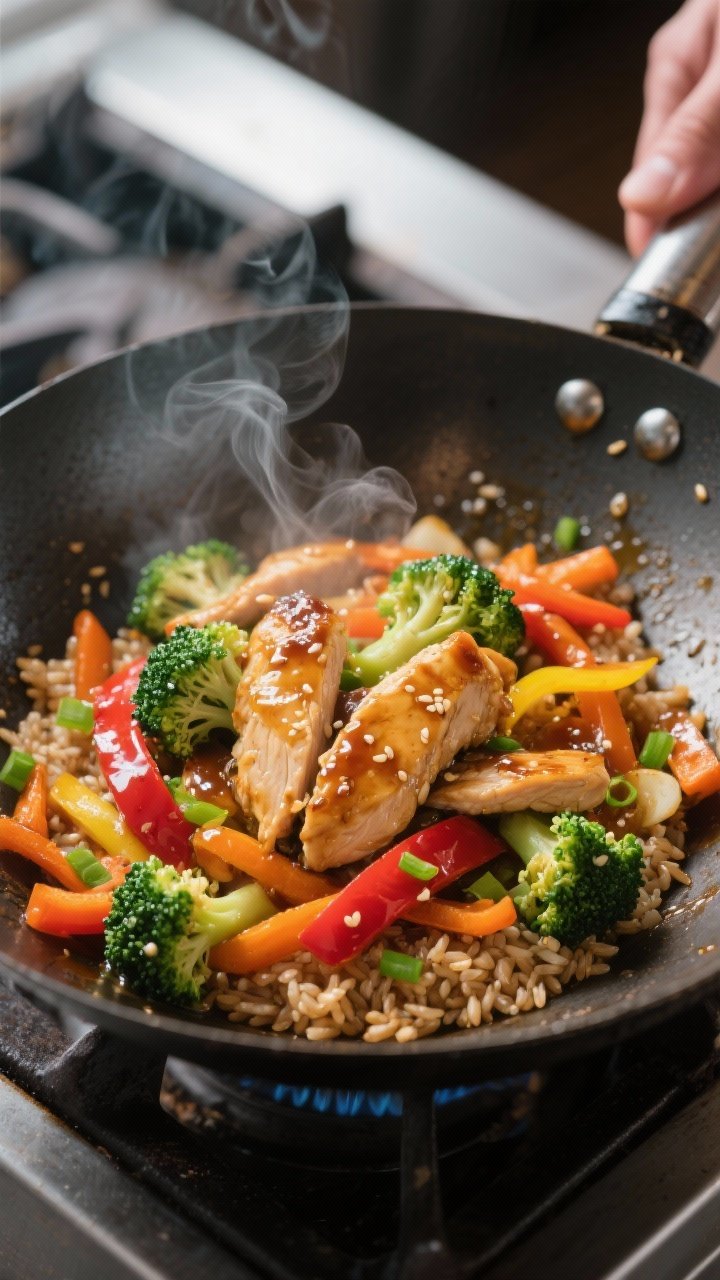 Close-up detail and cooking process: Sizzling chicken and veggie stir-fry in a carbon-steel wok over