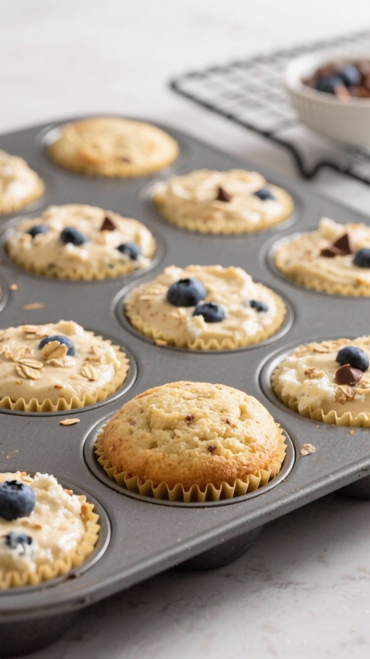 Close-up detail and process: Cottage cheese protein muffin batter being divided into a lined 12-cup 