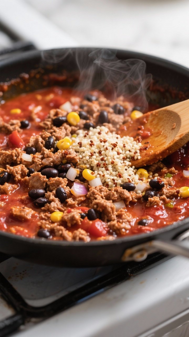 Close-up detail, cooking process: A skillet of taco-seasoned ground turkey simmering with glossy tom