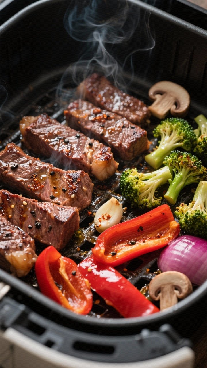 Close-up detail, cooking process: Air fryer basket at 400°F with sizzling, browned steak tips and c