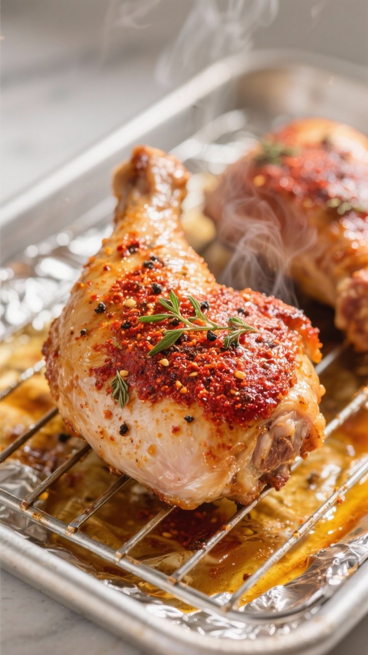 Close-up detail/cooking process: Cajun spiced oven chicken thighs roasting on a wire rack over a foi
