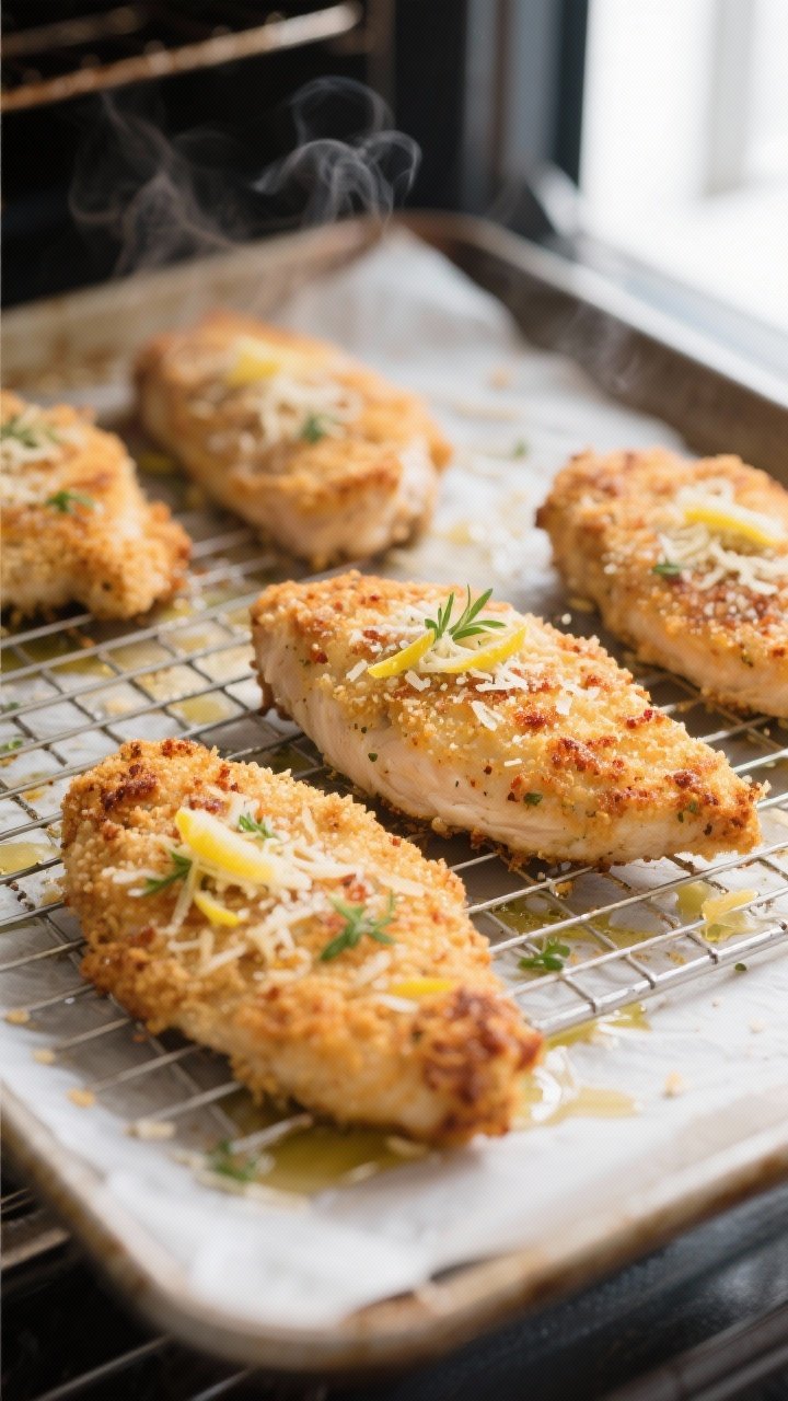 Close-up detail/cooking process: Golden baked Parmesan-panko chicken cutlets resting on a wire rack