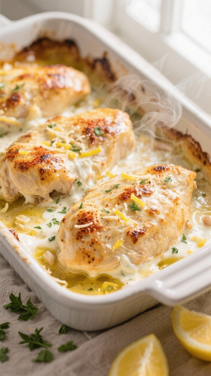 Close-up detail, cooking process: Golden-bubbled Greek Yogurt Chicken Bake just out of the oven, chi
