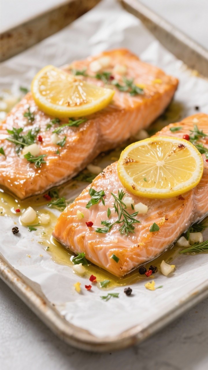 Close-up detail/cooking process: Golden-edged lemon herb salmon just out of the oven on a parchment-