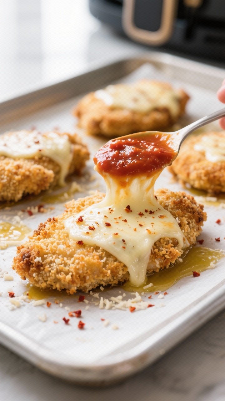 Close-up detail, cooking process: Golden, panko-Parmesan crusted chicken cutlets just out of the air