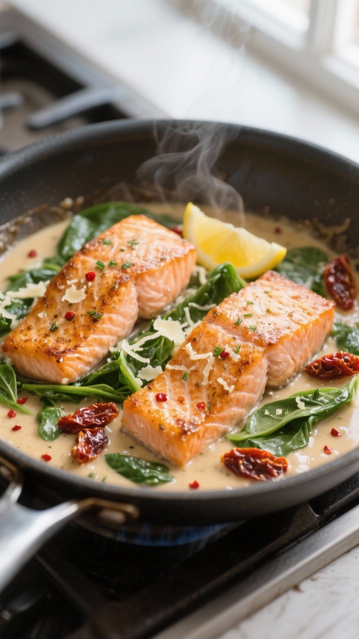 Close-up detail, cooking process: Golden-seared salmon fillets nestled back into a simmering creamy 