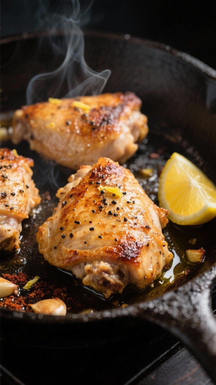 Close-up detail, cooking process: Golden, sizzling lemon pepper chicken thighs searing skin-side dow
