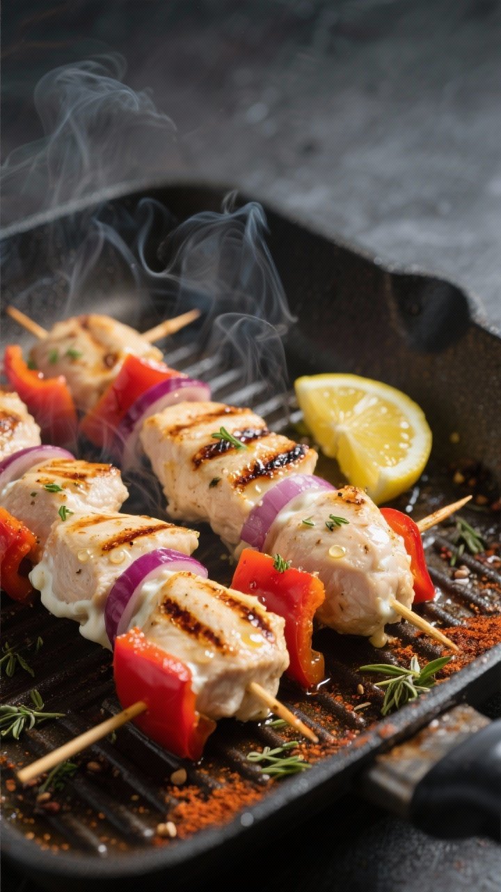 Close-up detail, cooking process: Greek yogurt marinated chicken skewers sizzling on a hot grill pan