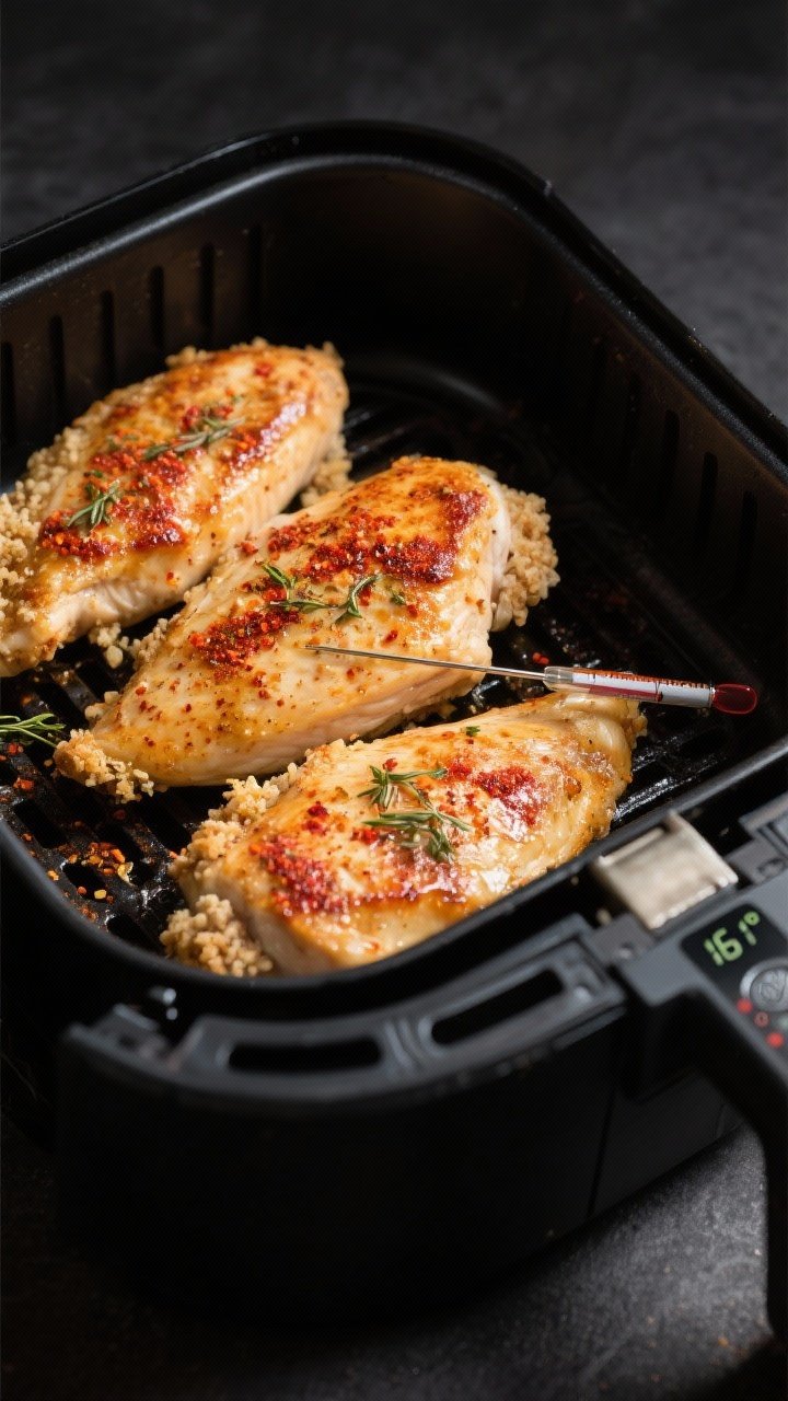Close-up detail, cooking process: Juicy air-fried chicken breasts in an open preheated air fryer bas