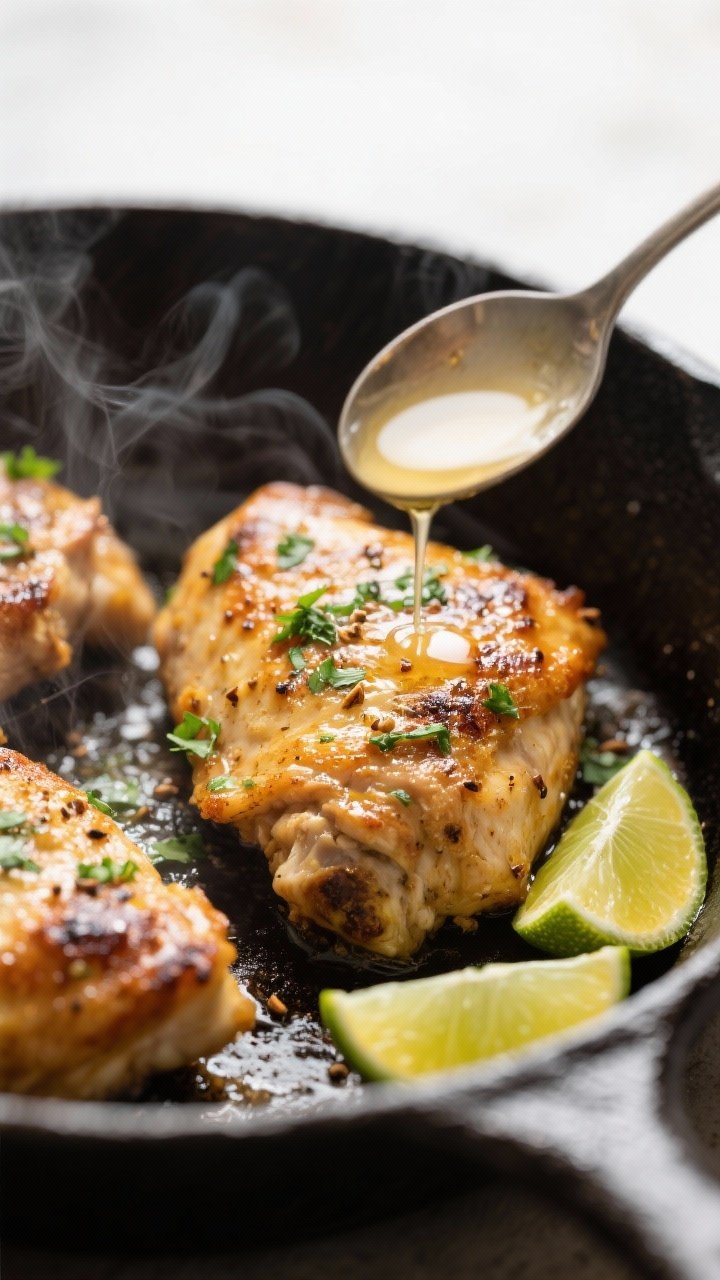 Close-up detail, cooking process: Juicy cilantro-lime chicken thighs searing in a cast-iron skillet,