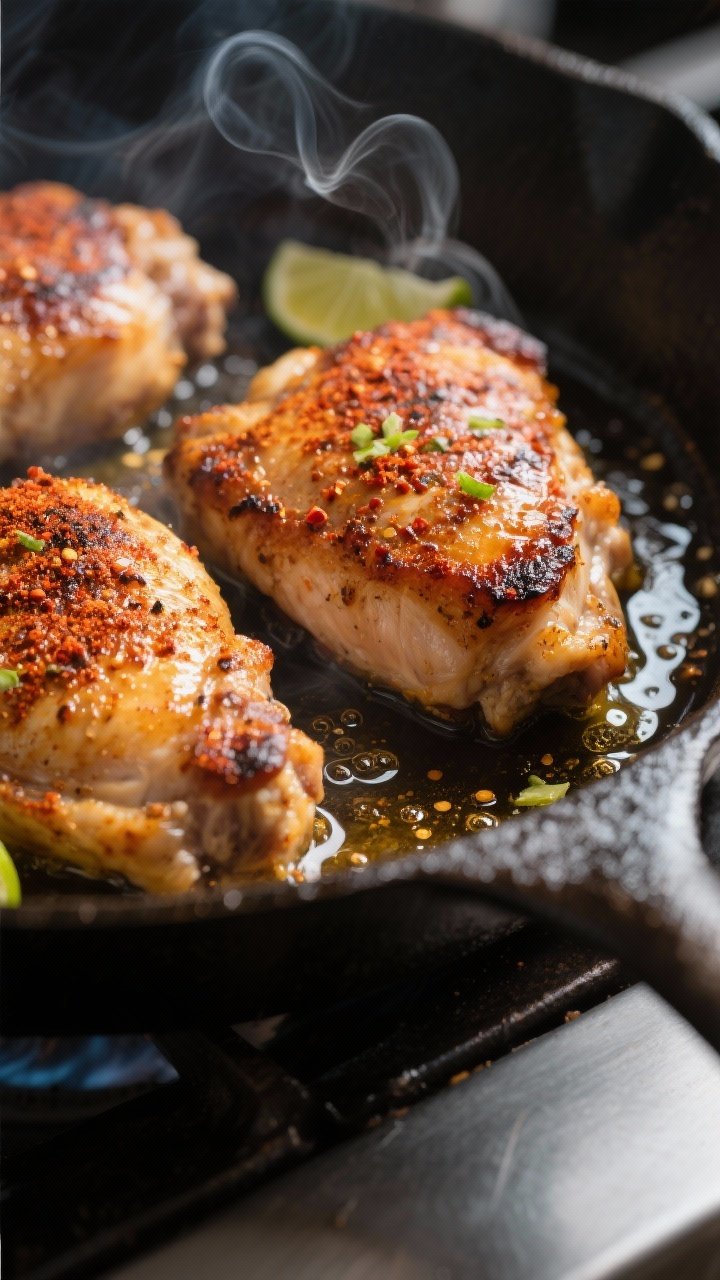 Close-up detail, cooking process: Juicy, spice-rubbed chicken thighs searing skin-side down in a cas