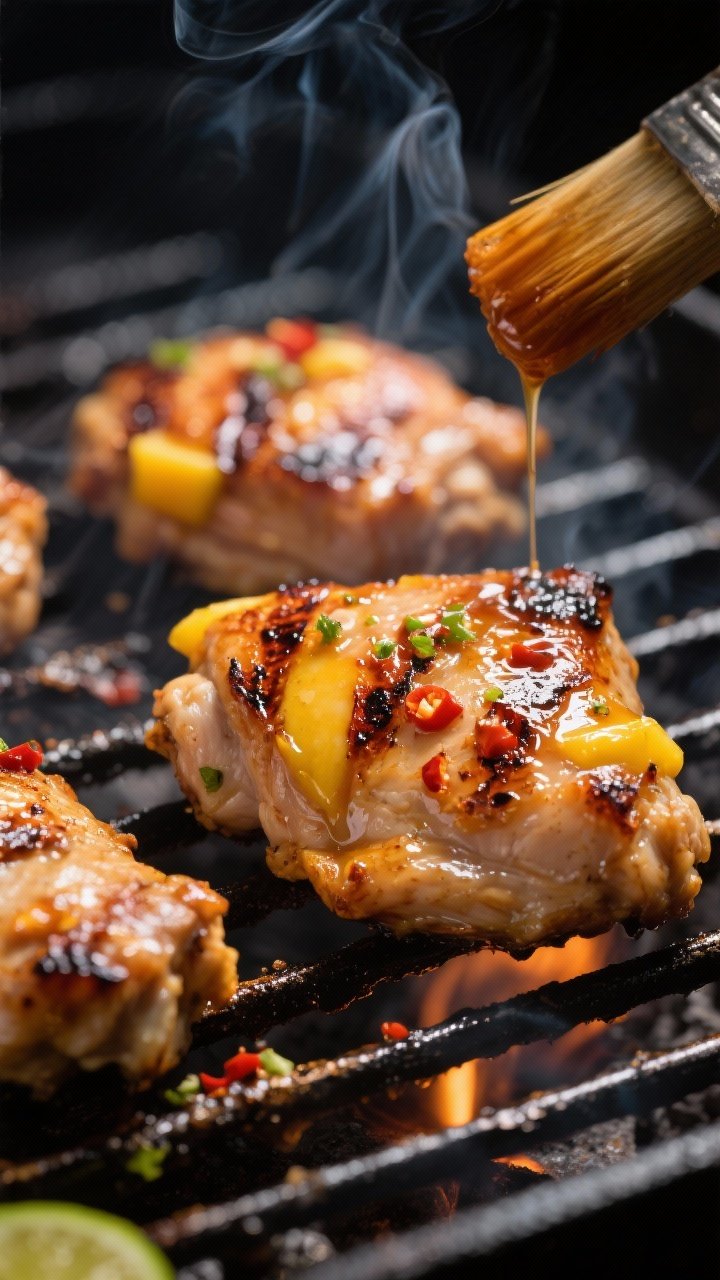 Close-up detail, cooking process: Mango chili grilled chicken thighs sizzling on clean, oiled grill 
