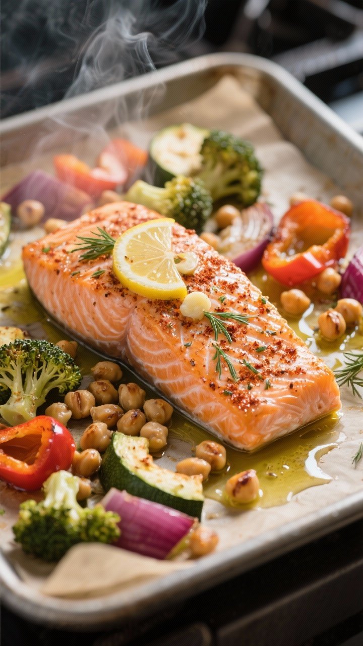 Close-up detail, cooking process on sheet pan: salmon fillet, skin-side down, in the center of a par