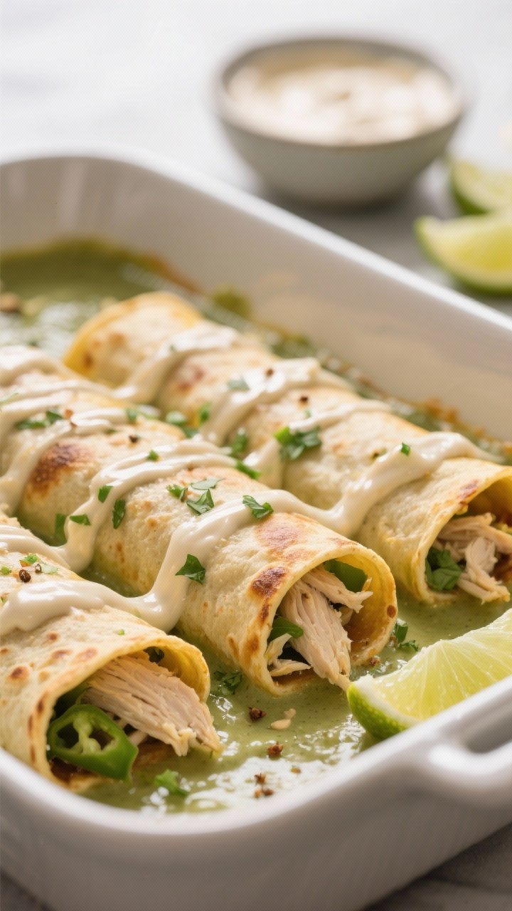 Close-up detail, cooking process: Rolled corn tortilla enchiladas being sauced in a 9x13 baking dish