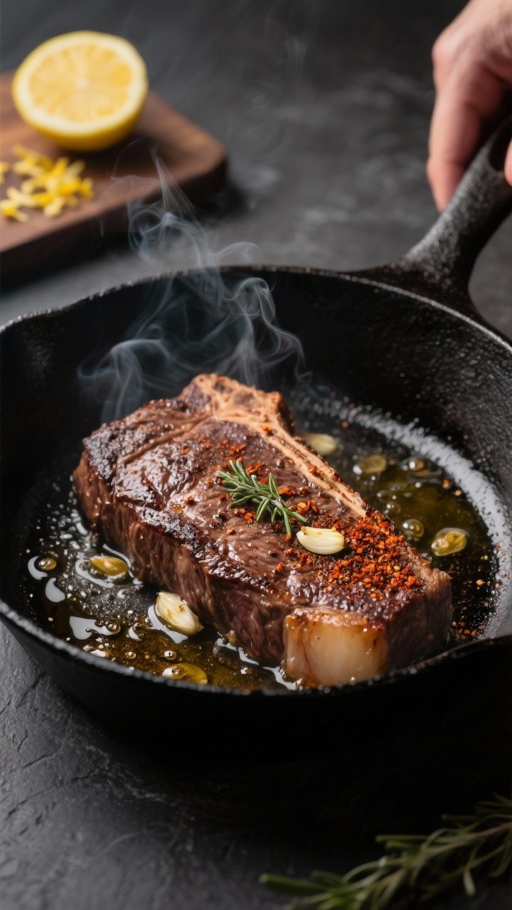 Close-up detail, cooking process: Searing a rubbed flat iron steak in a smoking-hot cast-iron skille